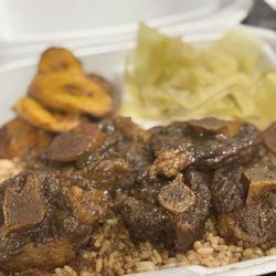 Jerk Sauce - Oxtail , Rice and Peas , Plantains , Cabbage