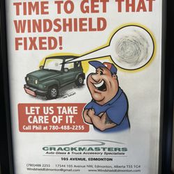 Crackmasters Windshield Repair and Replacement - Time to get that Windshield fixed! Let us take care of it. Crackmasters. Original artwork by Laurél Hawkswell.