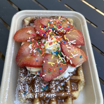 Little Gem Belgian Waffles - Whipped Cream, Bananas, Strawberries, and sprinkles on my daughters waffle - Desserts Near Me - Davis, California Little Gem Belgian Waffles - Whipped Cream, Bananas, Strawberries, and sprinkles on my daughters waffle - Desserts Near Me - Davis, California