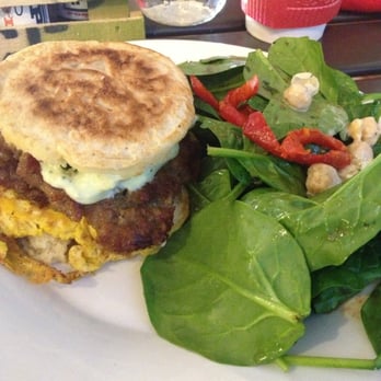 Sauce And Bread Kitchen - Maple sausage breakfast sandwich with a side salad - Breakfast & Brunch Near Me - Chicago, Illinois