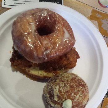 Good Dough - Beer battered fried chicken doughnut sandwich, with a pistachio cream filled bomb - Donuts Near Me - Jacksonville, Florida Good Dough - Beer battered fried chicken doughnut sandwich, with a pistachio cream filled bomb - Donuts Near Me - Jacksonville, Florida