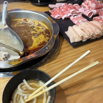 Hotpot Nation 鍋天下 - Udon noodles. Spicy (medium) beef broth and regular pork broth. Variety of meat. - Hot Pot Near Me - Richmond, California Hotpot Nation 鍋天下 - Udon noodles. Spicy (medium) beef broth and regular pork broth. Variety of meat. - Hot Pot Near Me - Richmond, California