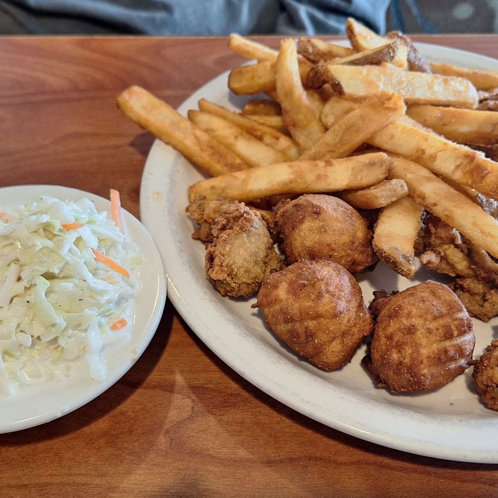Fried oysters, fries & cole slaw.