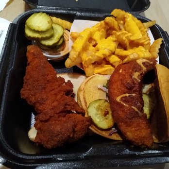 Dave's Hot Chicken - One slider, one tender, cheese fries.  So good! - Chicken Shop Near Me - Indio, California