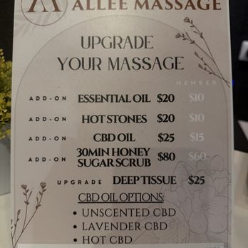 Allee Massage - Upgrades - Massage Near Me - Santa Clara, California