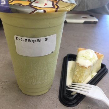 Happy Lemon - Mango matcha with mango cheesecake, couldn't wait had to take a bite first, not bad - Bubble Tea Near Me - San Leandro, California