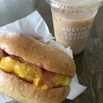 Austin’s Coffee Crafters - Iced Elementary Chai w/ oat milk & their Bacon Cheddar breakfast sandwich - Coffee & Tea Near Me - Ripon, California
