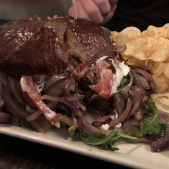 Plae Bistro - Truffle Burger with pub chips. As my boyfriend says "this is not a burger to order on a first date" - New American Near Me - Green Bay, Wisconsin