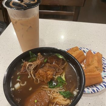 A Plus HK Style Cafe - Beef Stew Noodle Soup + Chinese Donut + Iced Milk Tea - Cantonese Near Me - Fremont, California