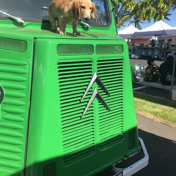Pop Box Hawaii - a dog standing on the hood of a green truck - Desserts Near Me