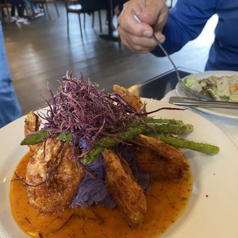 Kula Bistro - Coconut shrimp with Molokai mashed potatoes and asparagus - Italian Near Me - Kula, Hawaii Kula Bistro - Coconut shrimp with Molokai mashed potatoes and asparagus - Italian Near Me - Kula, Hawaii