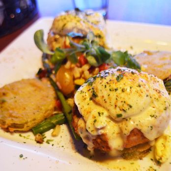 Miss Shirley's Cafe, Inner Harbor - Poached eggs with crab cakes, fried green tomatoes, and succotash, market price ($32 total for me) - Breakfast & Brunch Near Me - Baltimore, Maryland Miss Shirley's Cafe, Inner Harbor - Poached eggs with crab cakes, fried green tomatoes, and succotash, market price ($32 total for me) - Breakfast & Brunch Near Me - Baltimore, Maryland
