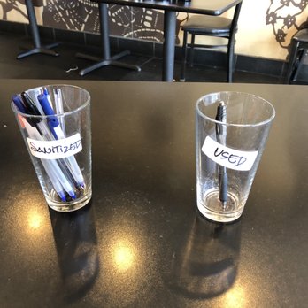 Blue Mango - Sanitized and used pens at food pickup area - Vegetarian Near Me - San Jose, California Blue Mango - Sanitized and used pens at food pickup area - Vegetarian Near Me - San Jose, California