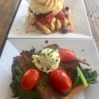 The Waffle Window - The Whole Farm (Bottom) and Blueberry Cheesecake Waffle (Top) - Breakfast & Brunch Near Me - Portland, Oregon The Waffle Window - The Whole Farm (Bottom) and Blueberry Cheesecake Waffle (Top) - Breakfast & Brunch Near Me - Portland, Oregon