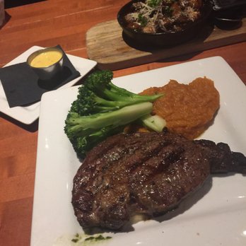 Flamestone American Grill - Back: Mushrooms & Polenta  Left Middle: Bearnaise Sauce Front: NY Steak, Broccoli, & Mashed Sweet Potatoes - American Near Me - Oldsmar, Florida