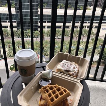 The Market - Waffle sandwich (5/5), with cinnamon roll (4.5/5 - I ordered it cold but you can order it warmed up if you like), with coffee. - Coffee & Tea Near Me - Anaheim, California The Market - Waffle sandwich (5/5), with cinnamon roll (4.5/5 - I ordered it cold but you can order it warmed up if you like), with coffee. - Coffee & Tea Near Me - Anaheim, California