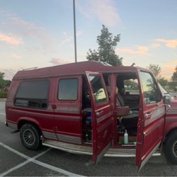 Goodwill Store - Our camper van, Narwal the Whale, doors open to receive my new purchase!