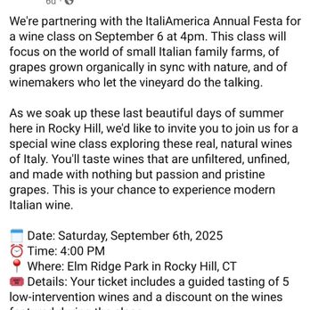 Vino Crudo - A screenshot about the upcoming wine tasting event in Rocky Hill I mentioned. I found this on their FB page. - Beer, Wine & Spirits Near Me - Wethersfield, Connecticut