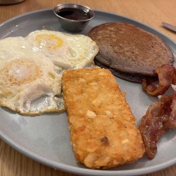 Maypole - Kid Ube pancakes, hash browns, bacon and eggs over medium - New American Near Me - Wheaton, Illinois Maypole - Kid Ube pancakes, hash browns, bacon and eggs over medium - New American Near Me - Wheaton, Illinois