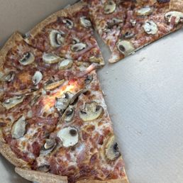 Thin crust mushroom and Canadian bacon pizza. Yummy!! Thin crust mushroom and Canadian bacon pizza. Yummy!!