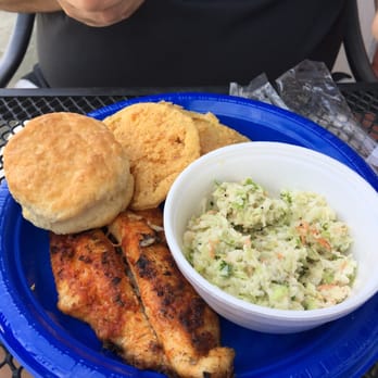 Julia Belle's - Blackened Catfish w/ Fried Green Tomatoes, Bisquit & Cole Slaw - Southern Near Me - Florence, South Carolina Julia Belle's - Blackened Catfish w/ Fried Green Tomatoes, Bisquit & Cole Slaw - Southern Near Me - Florence, South Carolina