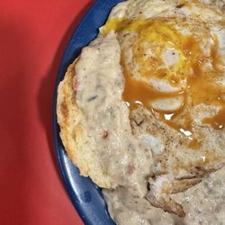 Taylor's Oak Restaurant - Biscuits and Gravy with eggs over easy (and hot sauce)
