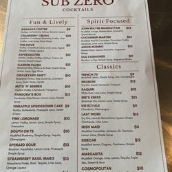 SubZero Microlounge - Cocktail menu