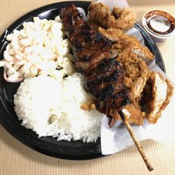 Dakine Grindz Food Truck - 2 item combo with chicken katsu and BBQ pork kebab.