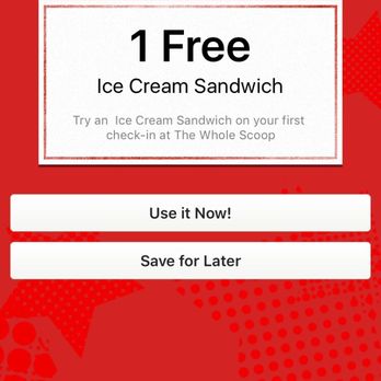 The Whole Scoop - Got this when I checked in. It's 2 chocolate chip cookies w ice cream in the center. No takers today... - Ice Cream & Frozen Yogurt Near Me - Hoover, Alabama