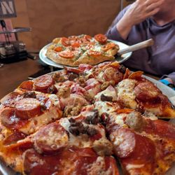 Flying Pie Pizzaria - Front, the No Veggie (all meat) in back the Sam I am.