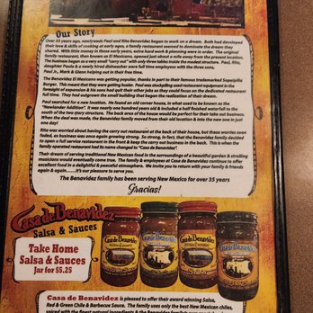 Casa De Benavidez - Menu 3/2/23 - The menu page from Casa de Benavidez displays the restaurant's story, emphasizing its family history, Mexican culinary tradition, and community involvement. It features images of four salsa jars available for takeout, priced at $5.25 each, with descriptions of their ingredients and flavor profiles. The page highlights the restaurant's dedication to authentic recipes, natural ingredients, and its 35-year history serving New Mexico cuisine. - Mexican Near Me - Albuquerque, New Mexico
