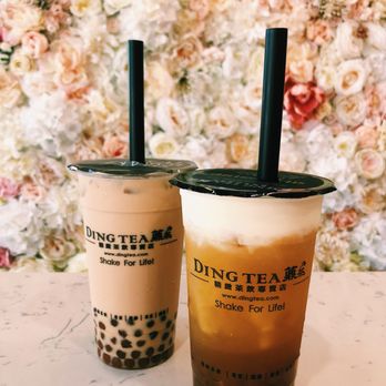 Ding Tea Anaheim - Signature milk tea with regular boba and sea salt foam jasmine tea with regular boba - Coffee & Tea Near Me - Anaheim, California