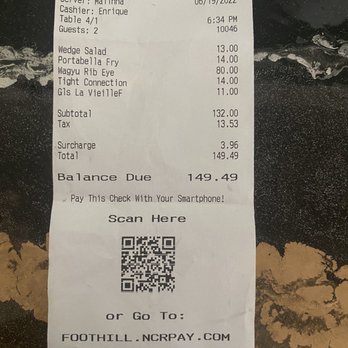 foothill - Receipt for overpriced dinner for 2 with bonus theft experience - New American Near Me - Pasadena, California