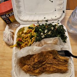 Mid Atlantic Seafood - Fried Pork Chop entree with lomein noodles and kale.  Food never needs seasoning, but We Baltimoreans- and we put Old Bay on everything!