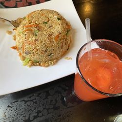 Sushi Madre - Fried Rice with shrimp & vegetables with a strawberry lemonade.