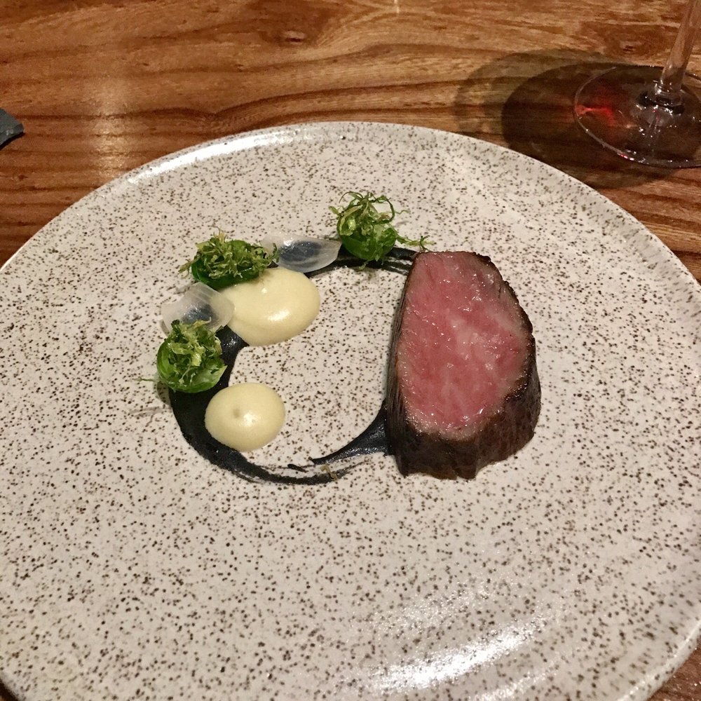 Lazy Bear - Wagyu ribeye with spring onion (pickled, charred, and puréed) and Brussels sprouts - New American Near Me - San Francisco, California