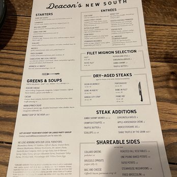 Deacon's New South - Menu as of November 2024 - Steakhouses Near Me - Nashville, Tennessee Deacon's New South - Menu as of November 2024 - Steakhouses Near Me - Nashville, Tennessee