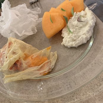 Berlu Bakery - Our attempt to plate the starter dishes of rice crackers, melon slices with tofu purée and carrots served two ways under a thin tofu cover. - Bakeries Near Me - Portland, Oregon