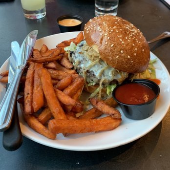 From Scratch - Signature burger with sweet potato fries, featuring cucumber margarita - Pizza Near Me - Salt Lake City, Utah