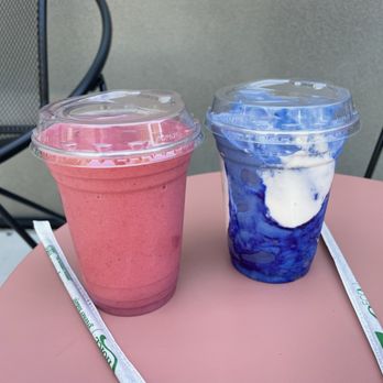 Fikka Juice Cafe - "Pink dragon" and "blue cloud" smoothies. - Juice Bars & Smoothies Near Me - Ashland, Oregon Fikka Juice Cafe - "Pink dragon" and "blue cloud" smoothies. - Juice Bars & Smoothies Near Me - Ashland, Oregon