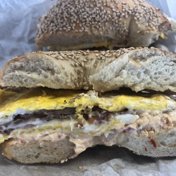 Kettle Bagels & Grill - bacon egg and cheese on sesame with chipotle schmear. A+ - Bagels Near Me - Southington, Connecticut Kettle Bagels & Grill - bacon egg and cheese on sesame with chipotle schmear. A+ - Bagels Near Me - Southington, Connecticut
