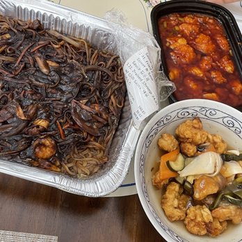 Dong Bo Sung - Black bean noodles for two, sweet and sour pork (1/3 of the full portion), and braised chili shrimp - Chinese Near Me - Frisco, Texas Dong Bo Sung - Black bean noodles for two, sweet and sour pork (1/3 of the full portion), and braised chili shrimp - Chinese Near Me - Frisco, Texas