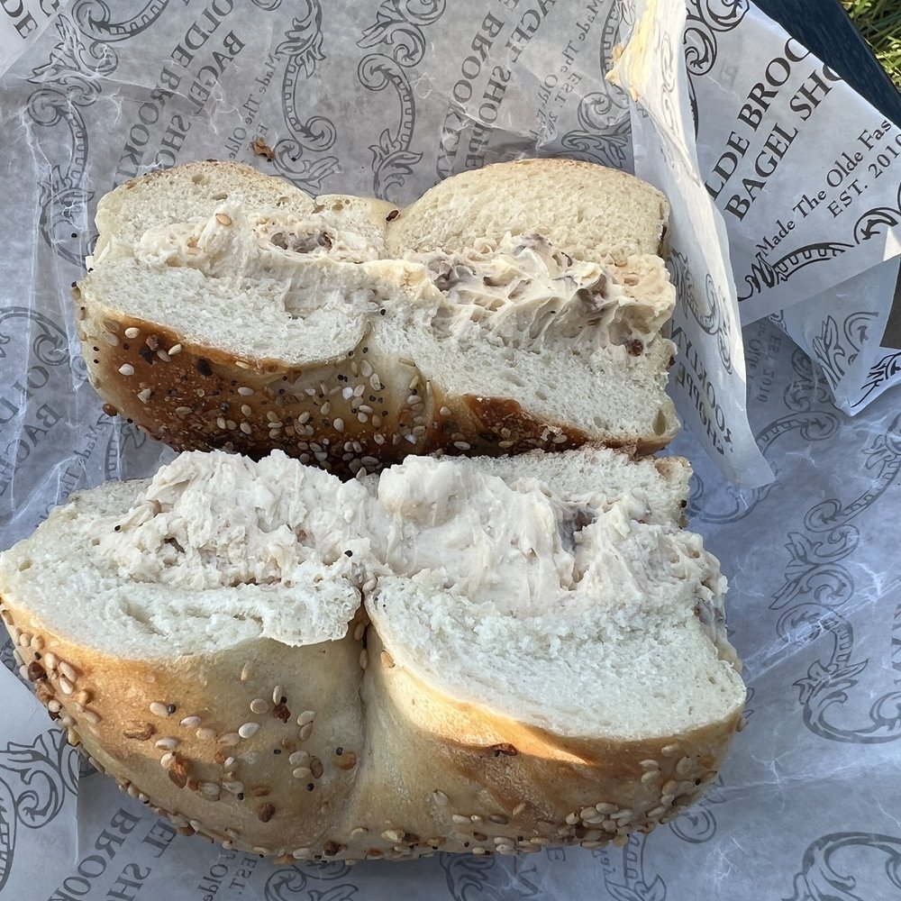 Olde Brooklyn Bagel Shoppe - Everything Bagel with Cream Cheese (hot honey pecan cc) - Bagels Near Me - Brooklyn, New York Olde Brooklyn Bagel Shoppe - Everything Bagel with Cream Cheese (hot honey pecan cc) - Bagels Near Me - Brooklyn, New York