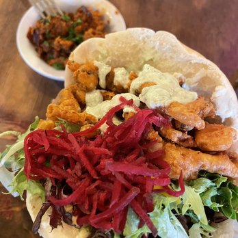 Chickpea - Calamachick pita with a side of eggplants - Vegan Near Me - Vancouver, British Columbia Chickpea - Calamachick pita with a side of eggplants - Vegan Near Me - Vancouver, British Columbia