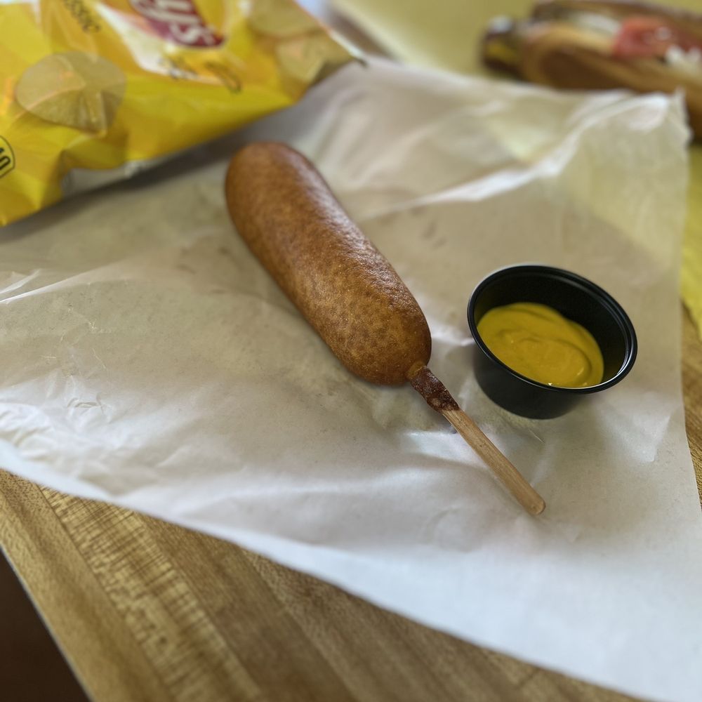 Dad's Hot Dogs - Corn dog, chips n side of mustard and Mr pibb - Hot Dogs Near Me - Stockton, California