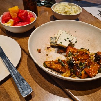 Flower Child - Tofu, sweet potato, watermelon salad, mashed potato - Salad Near Me - Woodlands, Texas