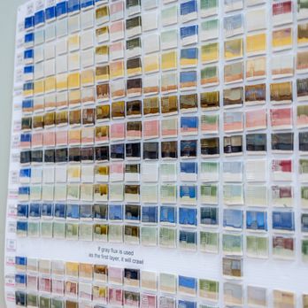 Pottery Mill - glaze room test tiles with 15 studio made glazes for members and 7 week students - Art Classes Near Me - Lowell, Massachusetts