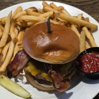 The Ridge West Seneca - Rustler Burger w/side of fries & roasted red pepper fry sauce - Salad Near Me - West Seneca, New York The Ridge West Seneca - Rustler Burger w/side of fries & roasted red pepper fry sauce - Salad Near Me - West Seneca, New York