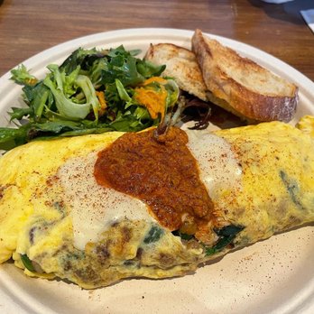 Egghead Cafe - Crab omelette-crab meat, onion, spinach, swiss cheese, romesco sauce, paprika with bacon add - Coffee & Tea Near Me - Honolulu, Hawaii