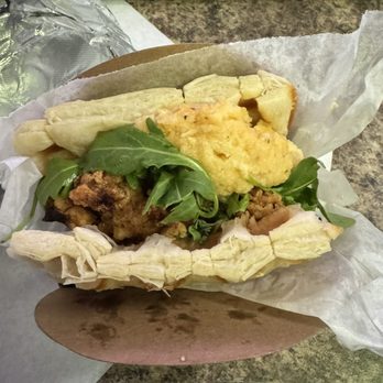 Iron Paffles & Coffee - 1) Fried Chicken, cheese grits, hot honey, arugula. Hot honey = - Waffles Near Me - Charlottesville, Virginia Iron Paffles & Coffee - 1) Fried Chicken, cheese grits, hot honey, arugula. Hot honey = - Waffles Near Me - Charlottesville, Virginia